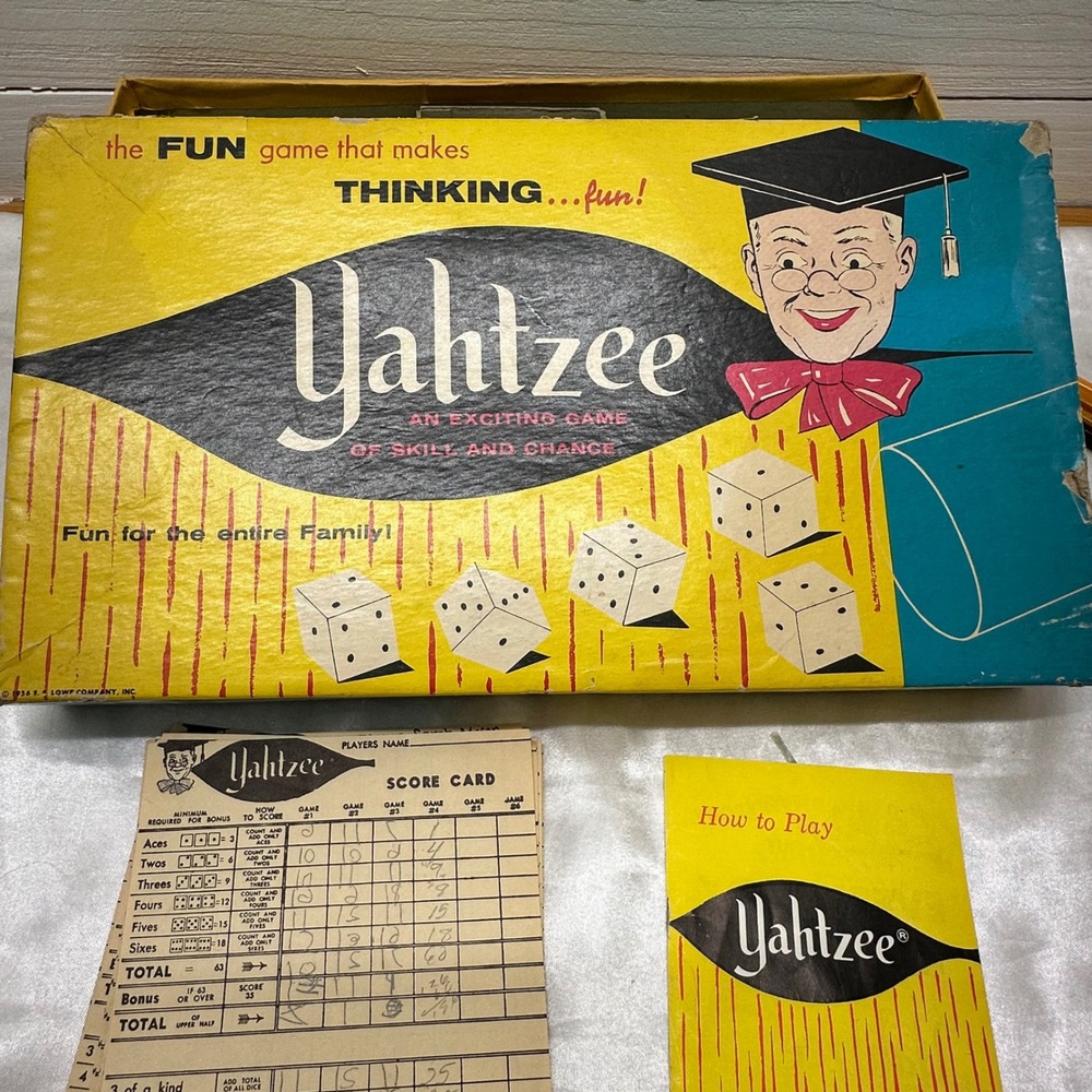 E.S. Lowe Yahtzee Board Game Vintage 1961 No. 950 Red Dice MCM Good Cards Used